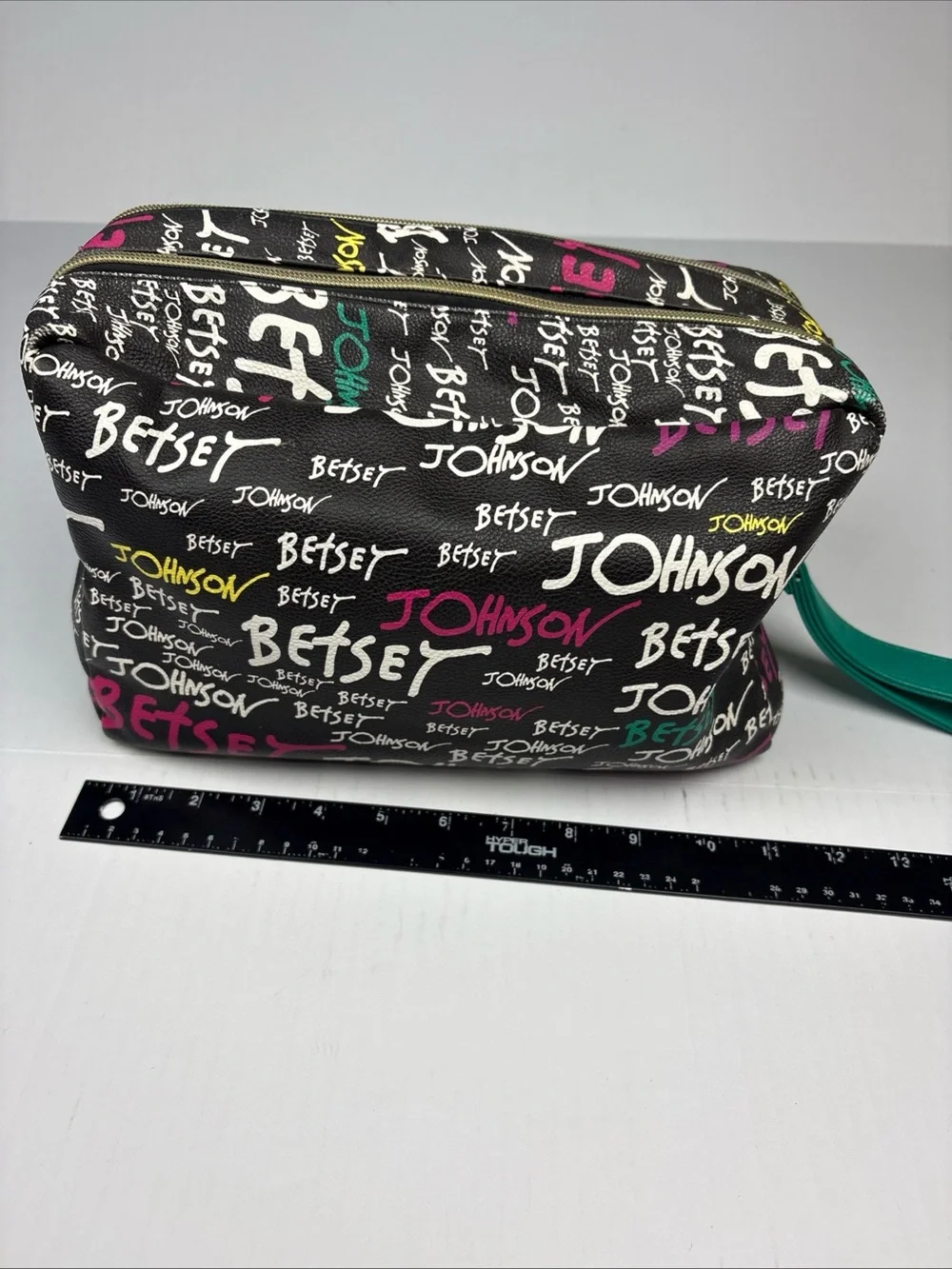 Betsey Johnson Cosmetic Pouch Bag Black Colorful Graffiti Logo Large Zipper